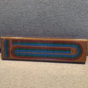 Wooden Cribbage Board Game with Blue and Brown Design